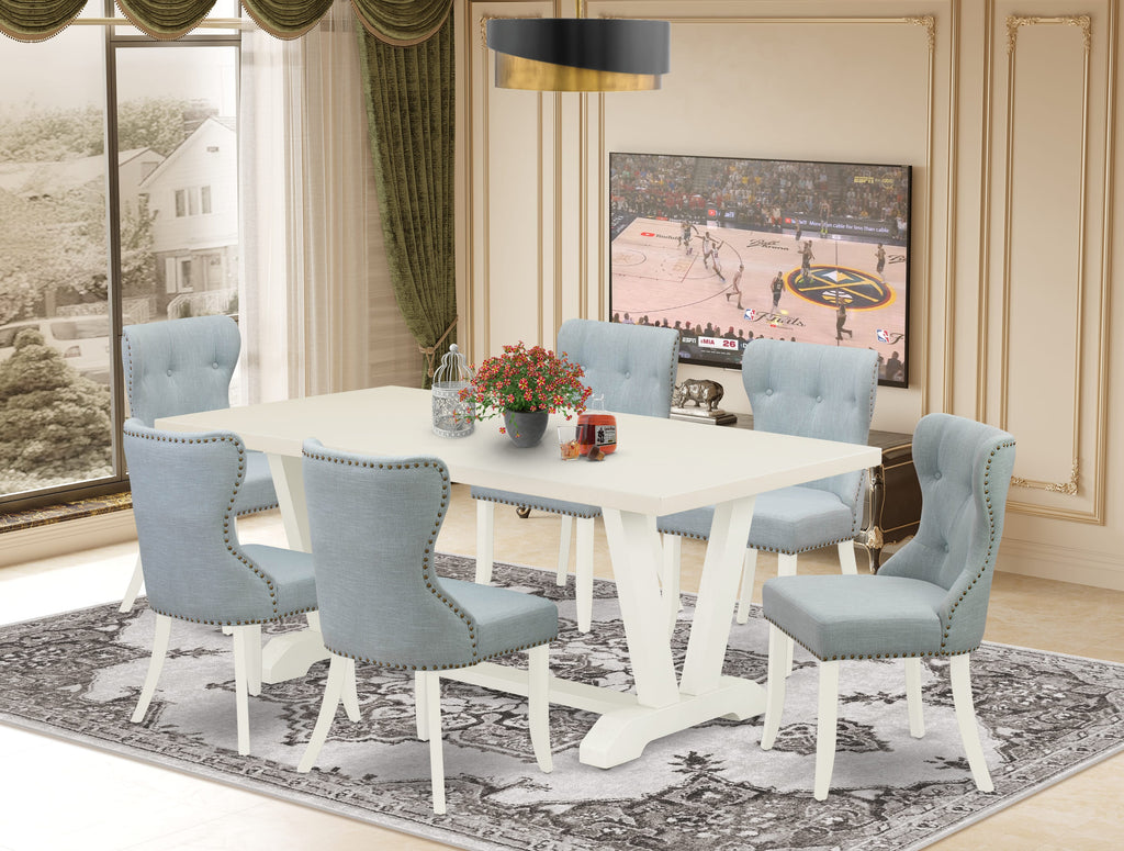 East West Furniture V027SI215-7 7 Piece Dining Room Table Set Consist of a Rectangle Kitchen Table with V-Legs and 6 Baby Blue Linen Fabric Parson Dining Chairs