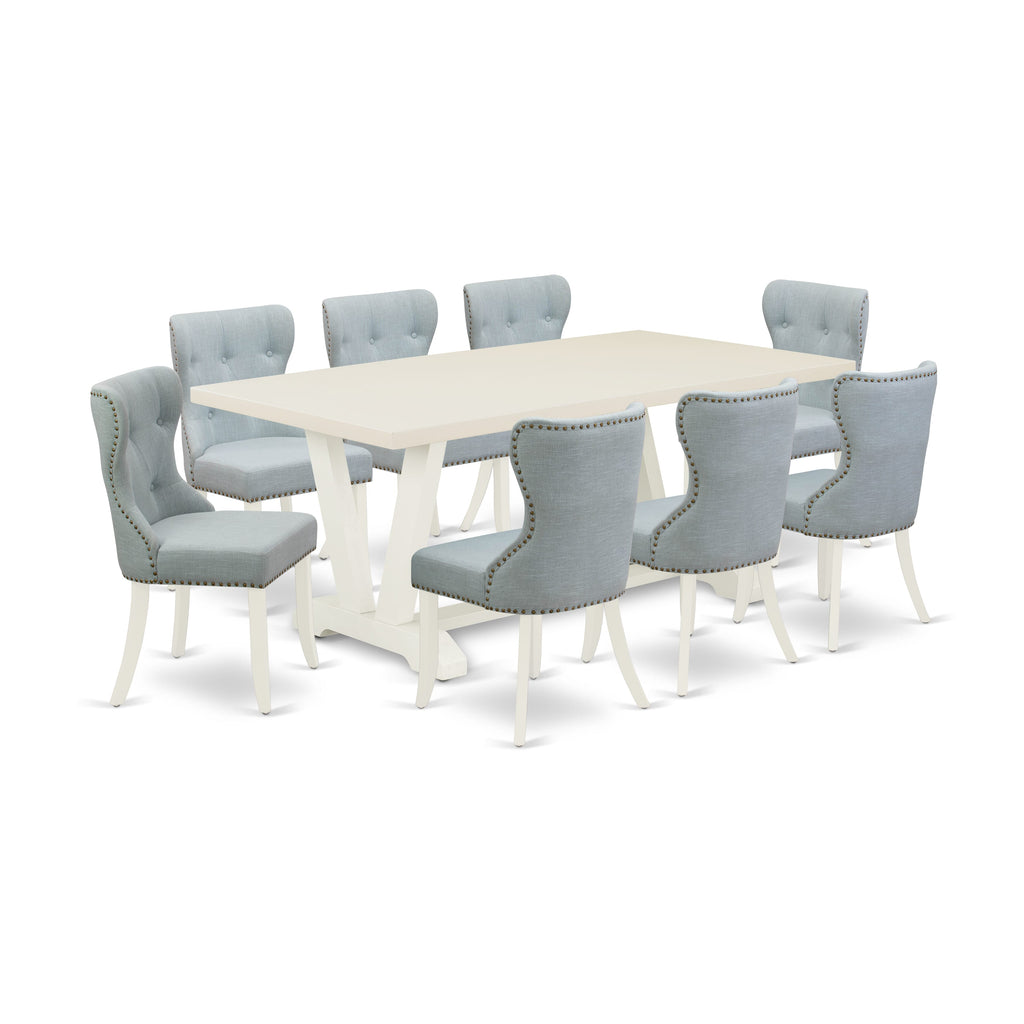 East West Furniture V027SI215-9 9 Piece Kitchen Table Set Includes a Rectangle Dining Table with V-Legs and 8 Baby Blue Linen Fabric Parson Dining Room Chairs