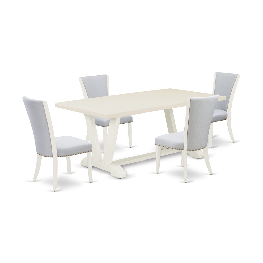 East West Furniture V027VE005-5 5 Piece Dinette Set for 4 Includes a Rectangle Dining Room Table with V-Legs and 4 Grey Linen Fabric Upholstered Parson Chairs