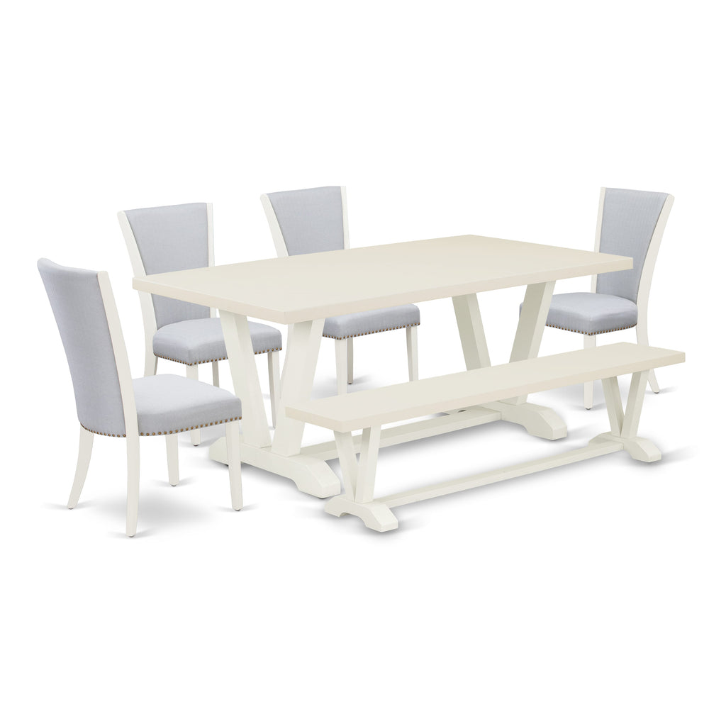 East West Furniture V027VE005-6 6 Piece Dining Table Set Contains a Rectangle Dining Room Table with V-Legs and 4 Grey Linen Fabric Parson Chairs with a Bench