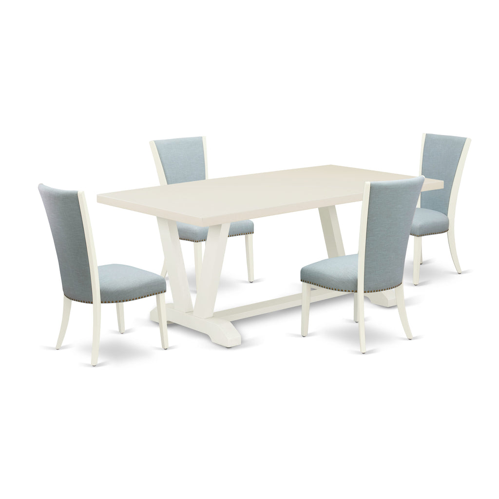 East West Furniture V027VE215-5 5 Piece Dining Table Set for 4 Includes a Rectangle Kitchen Table with V-Legs and 4 Baby Blue Linen Fabric Parson Dining Chairs