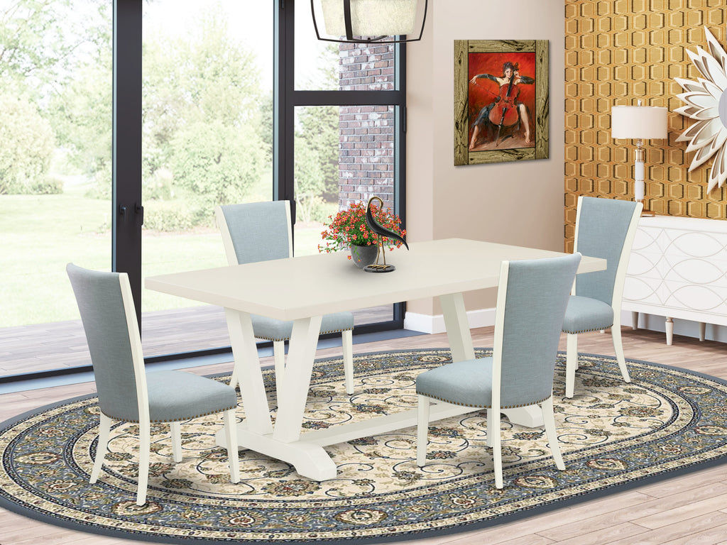 East West Furniture V027VE215-5 5 Piece Dining Table Set for 4 Includes a Rectangle Kitchen Table with V-Legs and 4 Baby Blue Linen Fabric Parson Dining Chairs