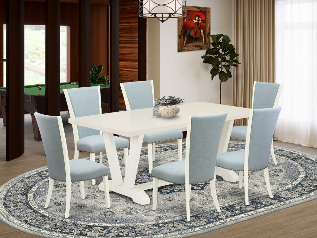 East West Furniture V027VE215-7 7 Piece Dining Table Set Consist of a Rectangle Dining Room Table with V-Legs and 6 Baby Blue Linen Fabric Upholstered Chairs