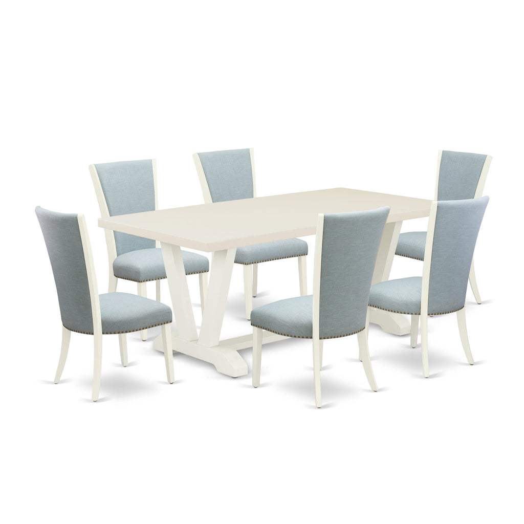 East West Furniture V027VE215-7 7 Piece Dining Table Set Consist of a Rectangle Dining Room Table with V-Legs and 6 Baby Blue Linen Fabric Upholstered Chairs