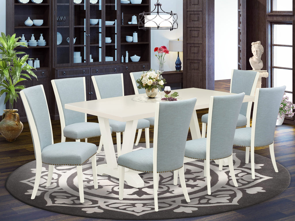 East West Furniture V027VE215-9 9 Piece Dining Room Set Includes a Rectangle Kitchen Table with V-Legs and 8 Baby Blue Linen Fabric Parsons Dining Chairs