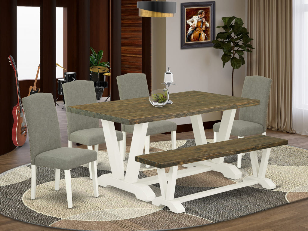 East West Furniture V076EN206-6 6-Piece Rectangular Table Set With Wood Dining Table and Wood Bench - 4 Linen Fabric kitchen chairs (linen white Finish)
