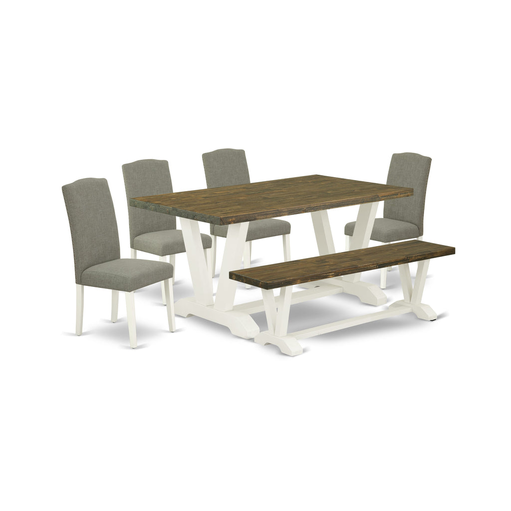 East West Furniture V076EN206-6 6-Piece Rectangular Table Set With Wood Dining Table and Wood Bench - 4 Linen Fabric kitchen chairs (linen white Finish)