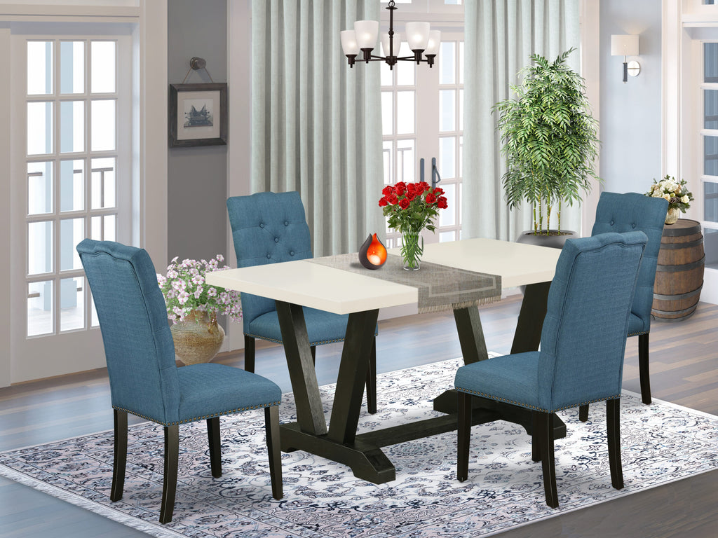 East West Furniture V626EL121-5 5-Piece Gorgeous Rectangular Dining Room Table Set an Excellent Linen White dining table Top and 4 Stunning Linen Fabric Dining Room Chairs with Nail Heads and Button Tufted Chair Back