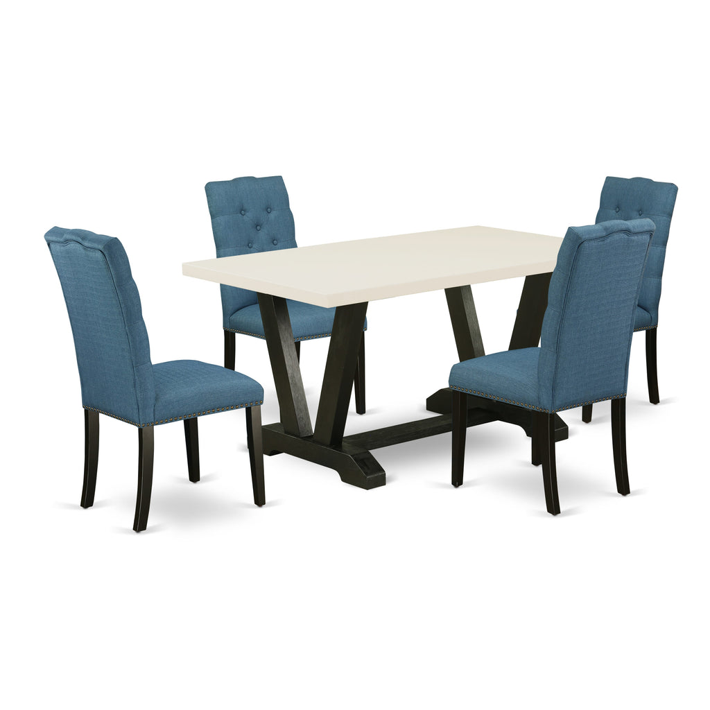 East West Furniture V626EL121-5 5-Piece Gorgeous Rectangular Dining Room Table Set an Excellent Linen White dining table Top and 4 Stunning Linen Fabric Dining Room Chairs with Nail Heads and Button Tufted Chair Back