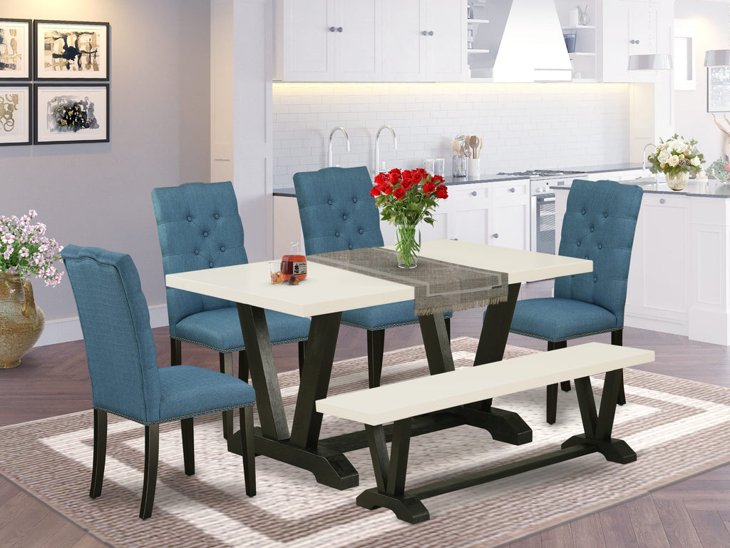 East West Furniture V626EL121-6 6-Piece Fashionable Dining Set an Outstanding Linen White Kitchen Table Top and Linen White Dining Bench and 4 Beautiful Linen Fabric Parson Chairs with Nail Heads and Button Tufted Chair Back