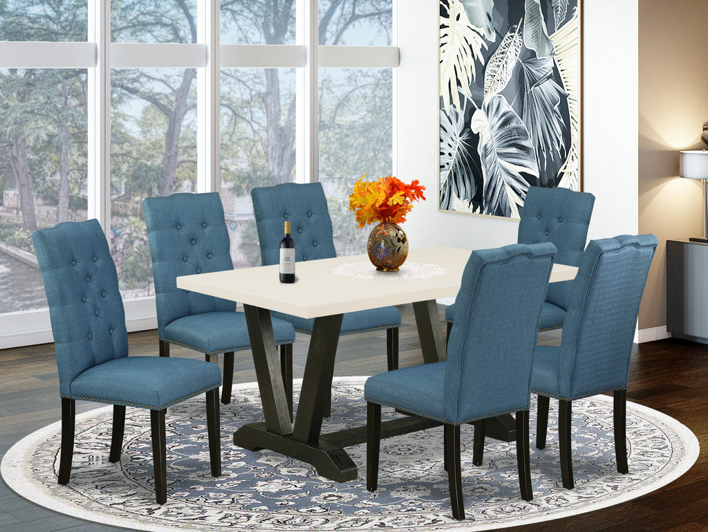 East West Furniture V626EL121-7 7-Piece Gorgeous Rectangular Table Set an Outstanding Linen White dining table Top and 6 Lovely Linen Fabric Dining Chairs with Nail Heads and Button Tufted Chair Back