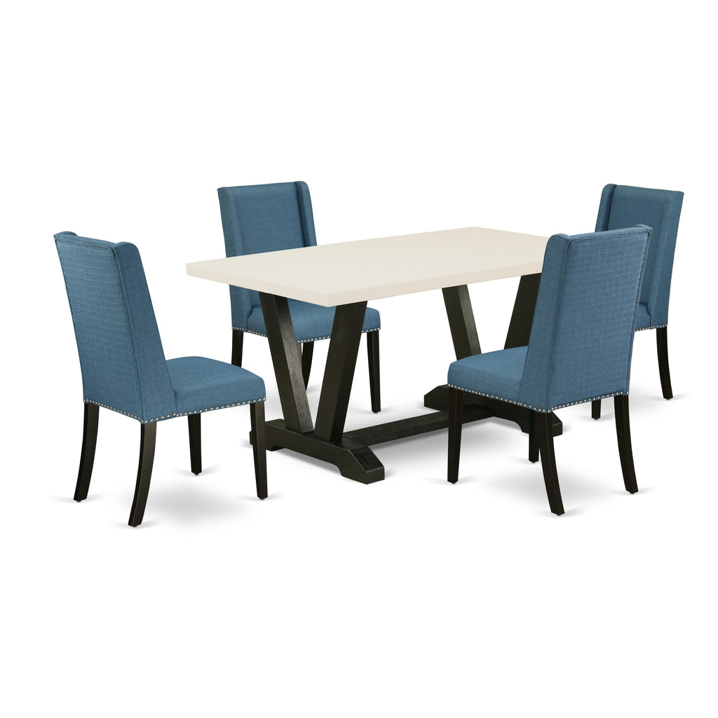 East West Furniture V626FL121-5 5-Piece Stylish Dinette Set an Excellent Linen White dining table Top and 4 Excellent Linen Fabric Dining Chairs with Nail Heads and Stylish Chair Back