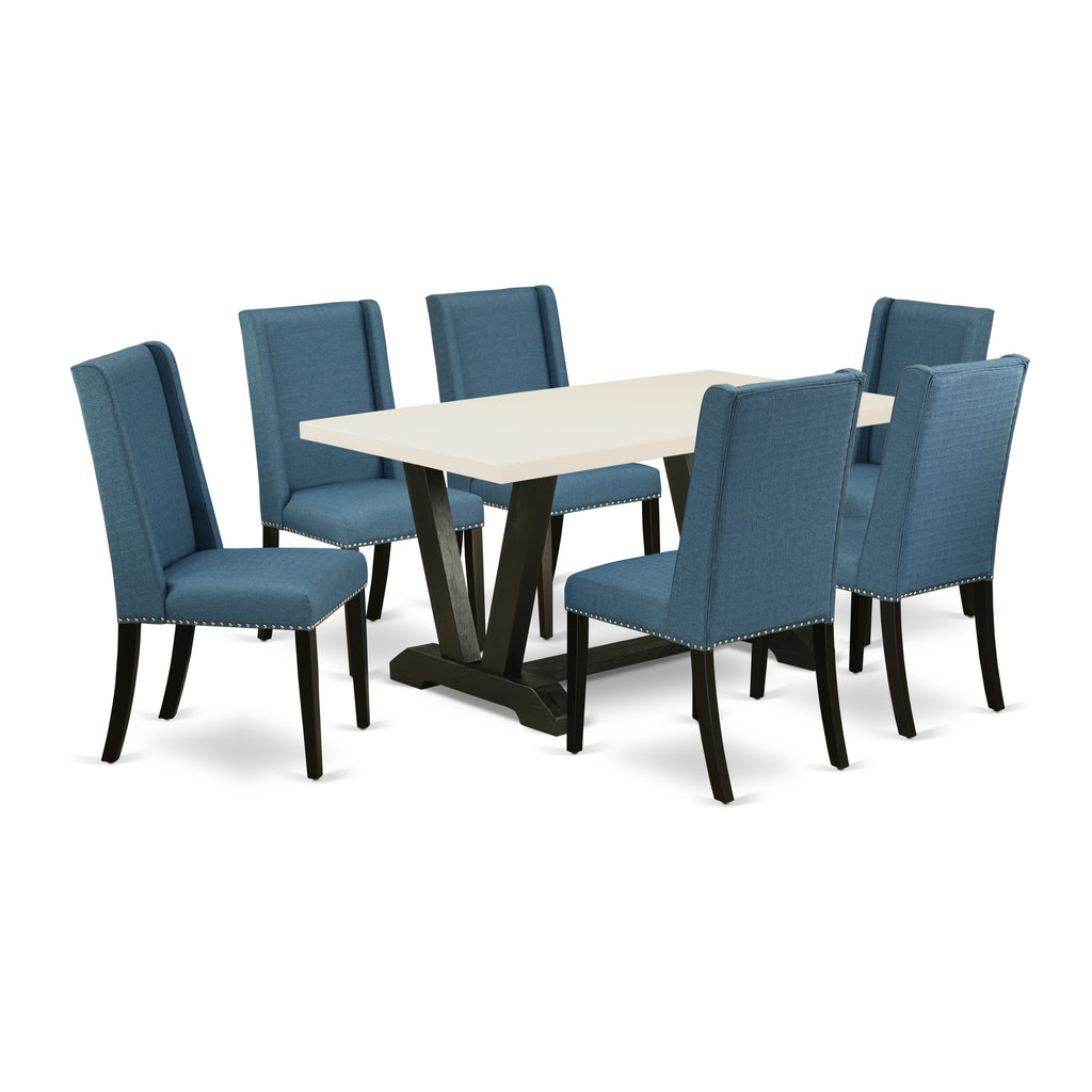 East West Furniture V626FL121-7 7-Piece Modern an Outstanding Linen White Rectangular Dining Table Top and 6 Stunning Linen Fabric Kitchen Parson Chairs with Nail Heads and Stylish Chair Back