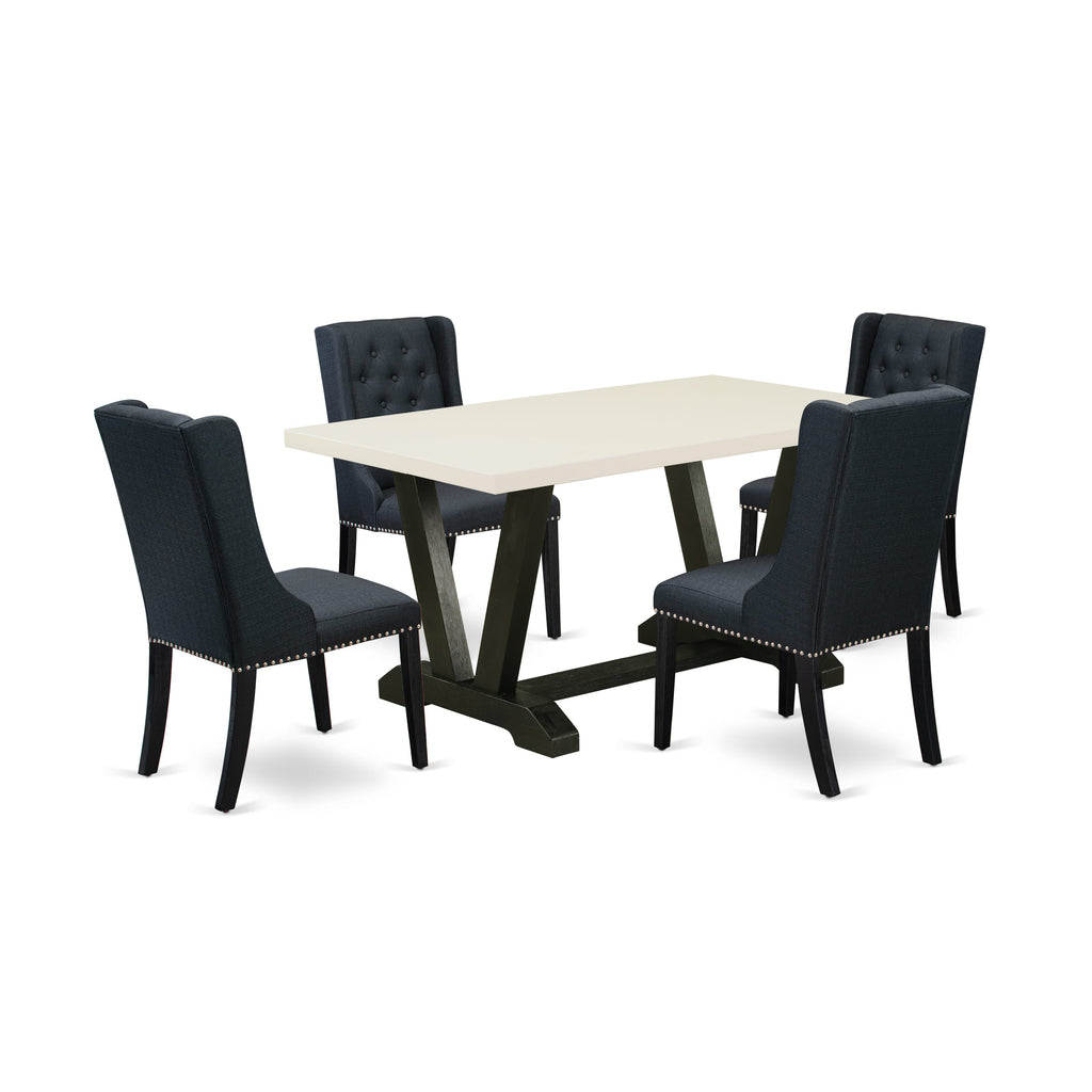 East West Furniture V626FO624-5 5 Piece Dining Room Table Set Includes a Rectangle Dining Table with V-Legs and 4 Black Linen Fabric Upholstered Parson Chairs, 36x60 Inch, Multi-Color