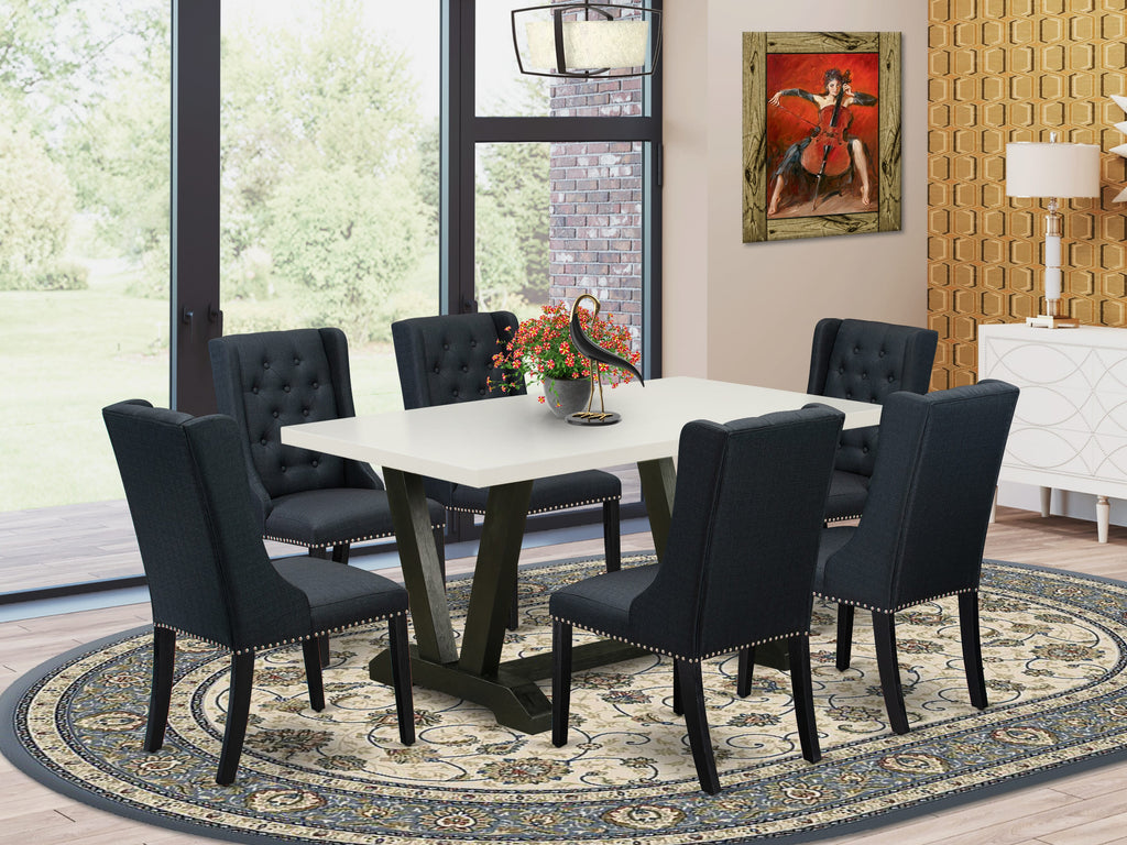 East West Furniture V626FO624-7 7 Piece Dining Room Furniture Set Consist of a Rectangle Dining Table with V-Legs and 6 Black Linen Fabric Upholstered Chairs, 36x60 Inch, Multi-Color