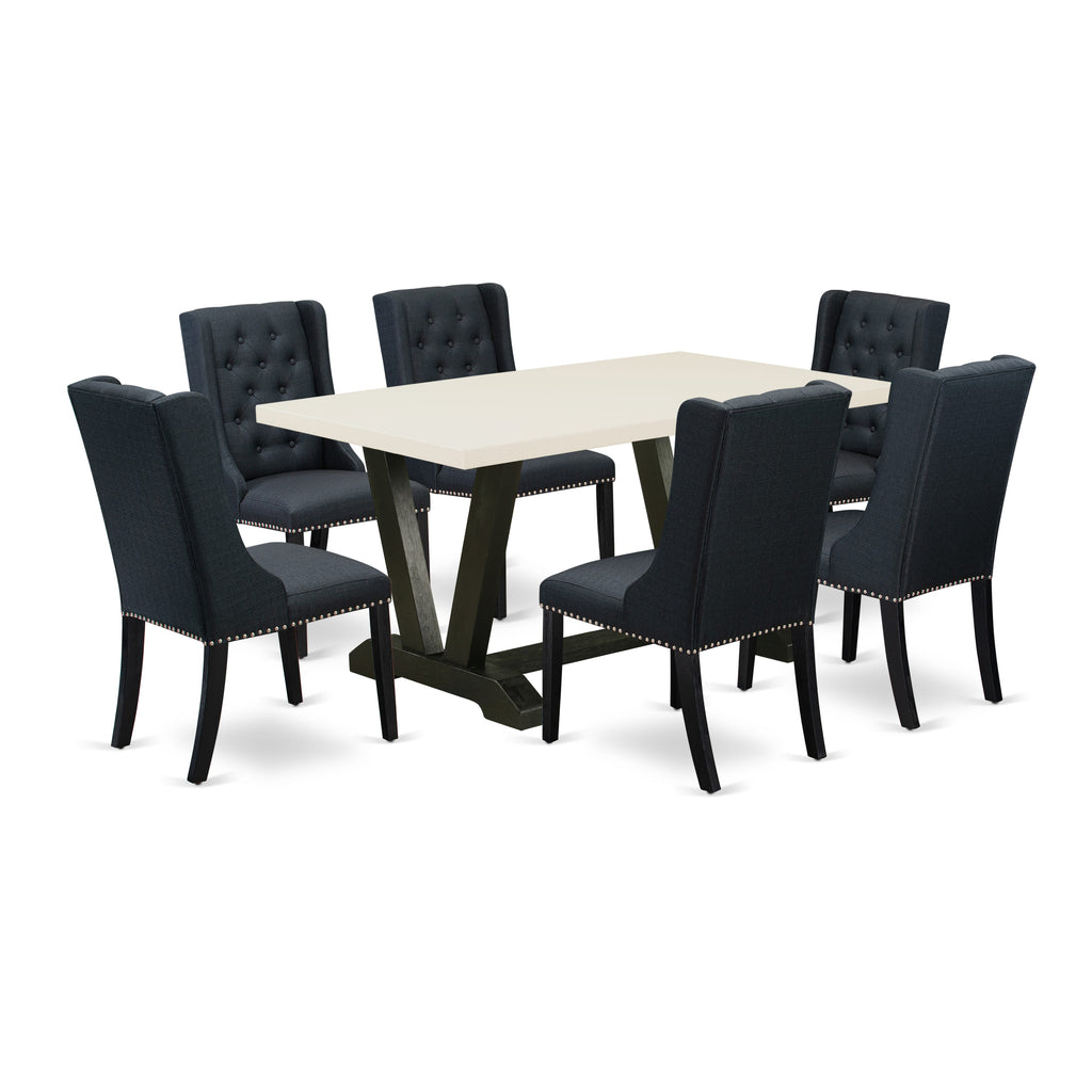 East West Furniture V626FO624-7 7 Piece Dining Room Furniture Set Consist of a Rectangle Dining Table with V-Legs and 6 Black Linen Fabric Upholstered Chairs, 36x60 Inch, Multi-Color