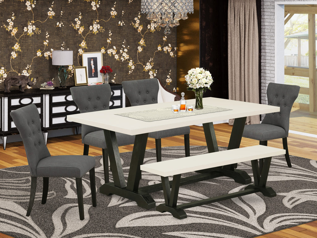 East West Furniture 6-Pc -Dark Gotham Grey Linen Fabric Seat and Button Tufted Chair Back Kitchen chairs