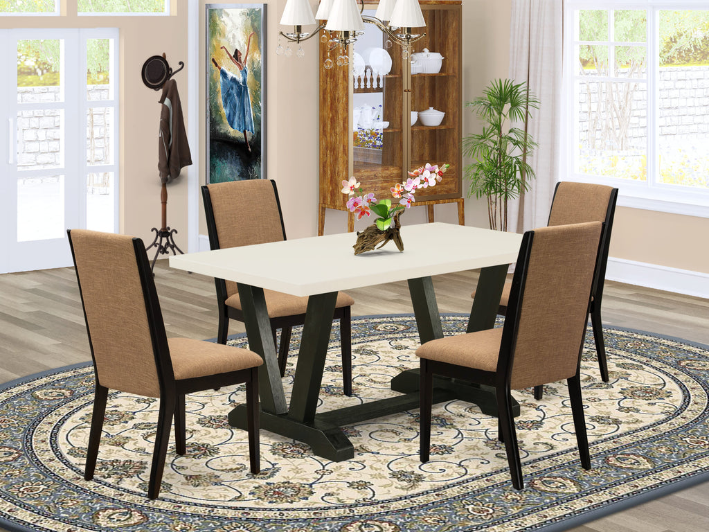 East West Furniture V626LA147-5 5-Piece Fashionable Dining Room Set a Good Linen White Wood Table Top and 4 Stunning Linen Fabric Kitchen Chairs with Stylish Chair Back