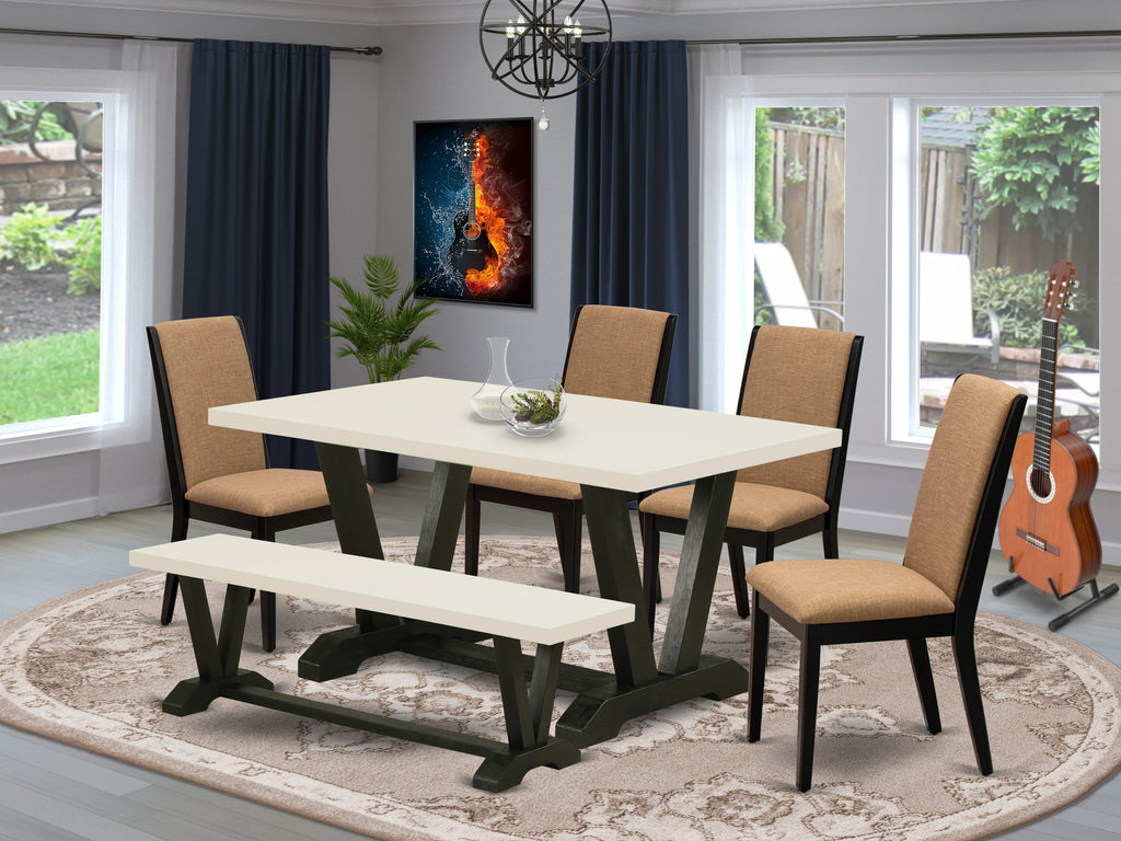 East West Furniture V626LA147-6 6-Piece Gorgeous Dining Table Set a Good Light Sable Dining Room Table Top and Light Sable Dining Bench and 4 Wonderful Linen Fabric Padded Chairs with Stylish Chair Back
