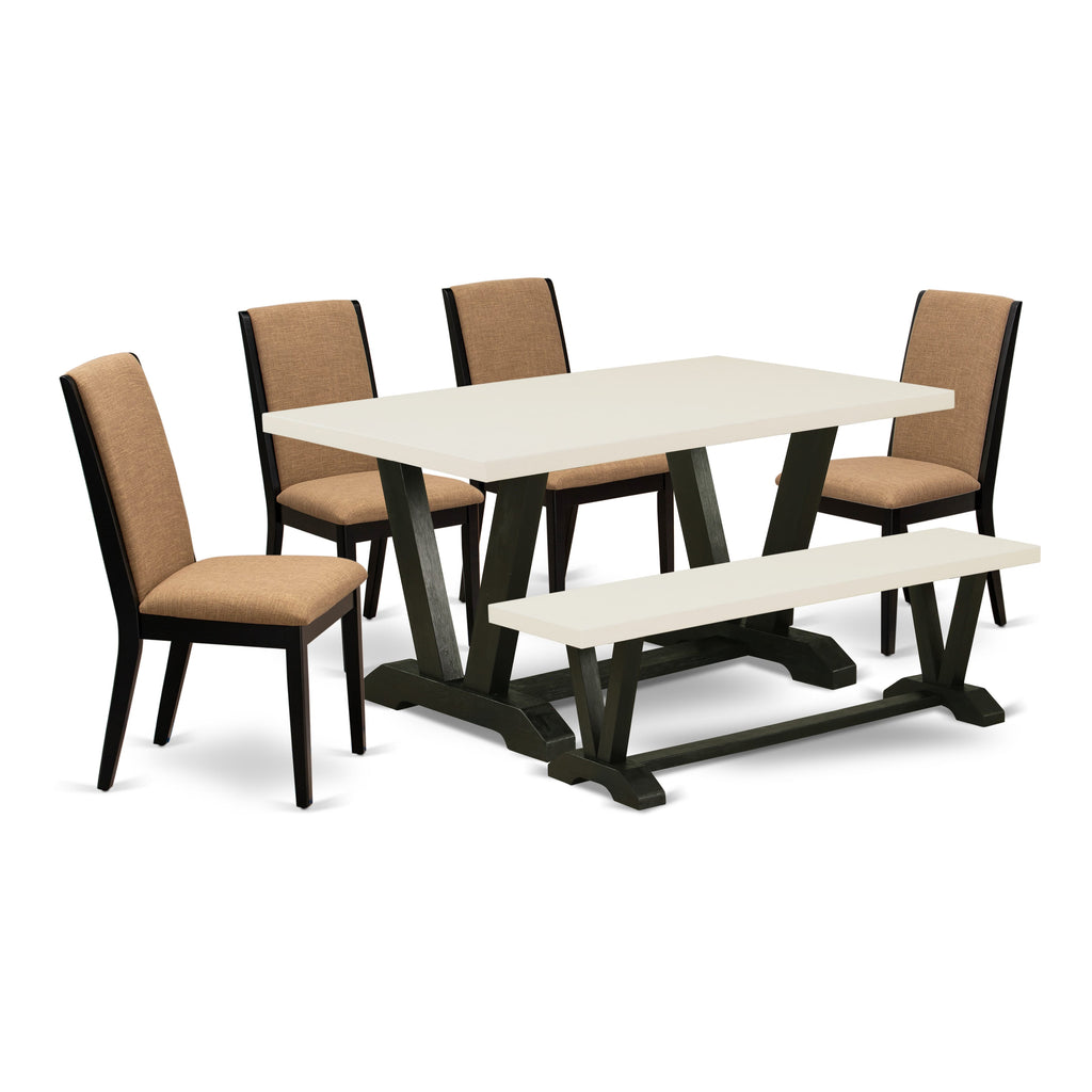 East West Furniture V626LA147-6 6-Piece Gorgeous Dining Table Set a Good Light Sable Dining Room Table Top and Light Sable Dining Bench and 4 Wonderful Linen Fabric Padded Chairs with Stylish Chair Back