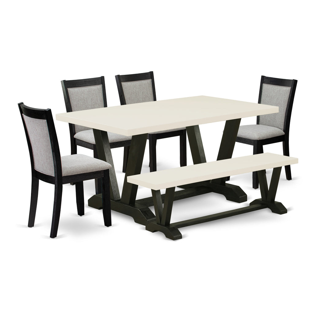 East West Furniture V626MZ606-6 6 Piece Kitchen Table Set Contains a Rectangle Dining Table with V-Legs and 4 Shitake Linen Fabric Parson Chairs with a Bench, 36x60 Inch, Multi-Color
