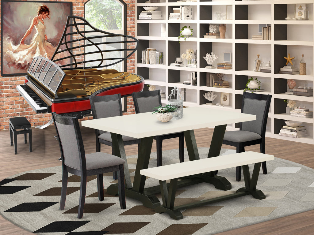 East West Furniture V626MZ650-6 6 Piece Kitchen Table Set Contains a Rectangle Dining Table and 4 Dark Gotham Grey Linen Fabric Parson Chairs with a Bench, 36x60 Inch, Multi-Color