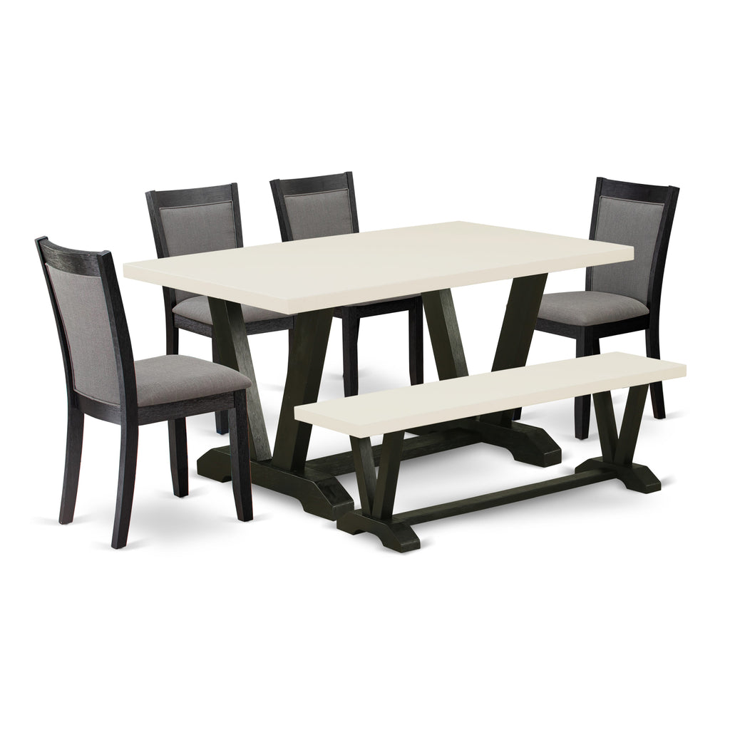 East West Furniture V626MZ650-6 6 Piece Kitchen Table Set Contains a Rectangle Dining Table and 4 Dark Gotham Grey Linen Fabric Parson Chairs with a Bench, 36x60 Inch, Multi-Color