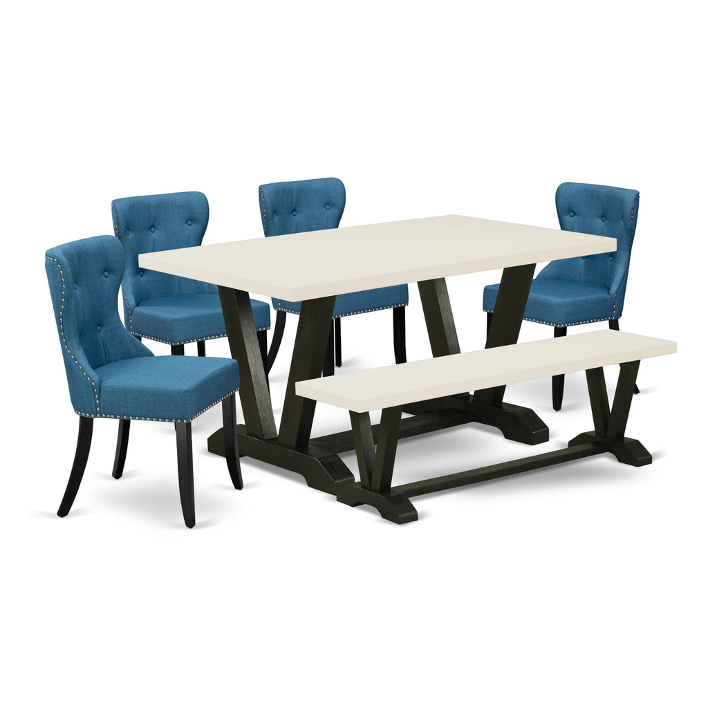East West Furniture V626SI121-6 6-Piece Dining Room Set- 4 Upholstered Dining Chairs with Blue Linen Fabric Seat and Button Tufted Chair Back - Rectangular Top & Wooden Legs Kitchen Dining Table and Dining Room Bench - Linen White and Black Finish
