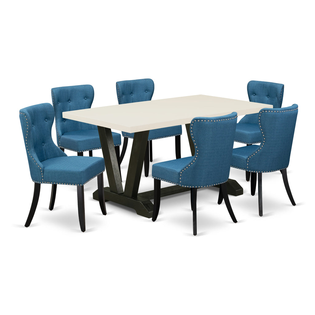 East West Furniture V626SI121-7 7-Pc Kitchen Dining Set- 6 Upholstered Dining Chairs with Blue Linen Fabric Seat and Button Tufted Chair Back - Rectangular Table Top & Wooden Legs - Linen White and Black Finish