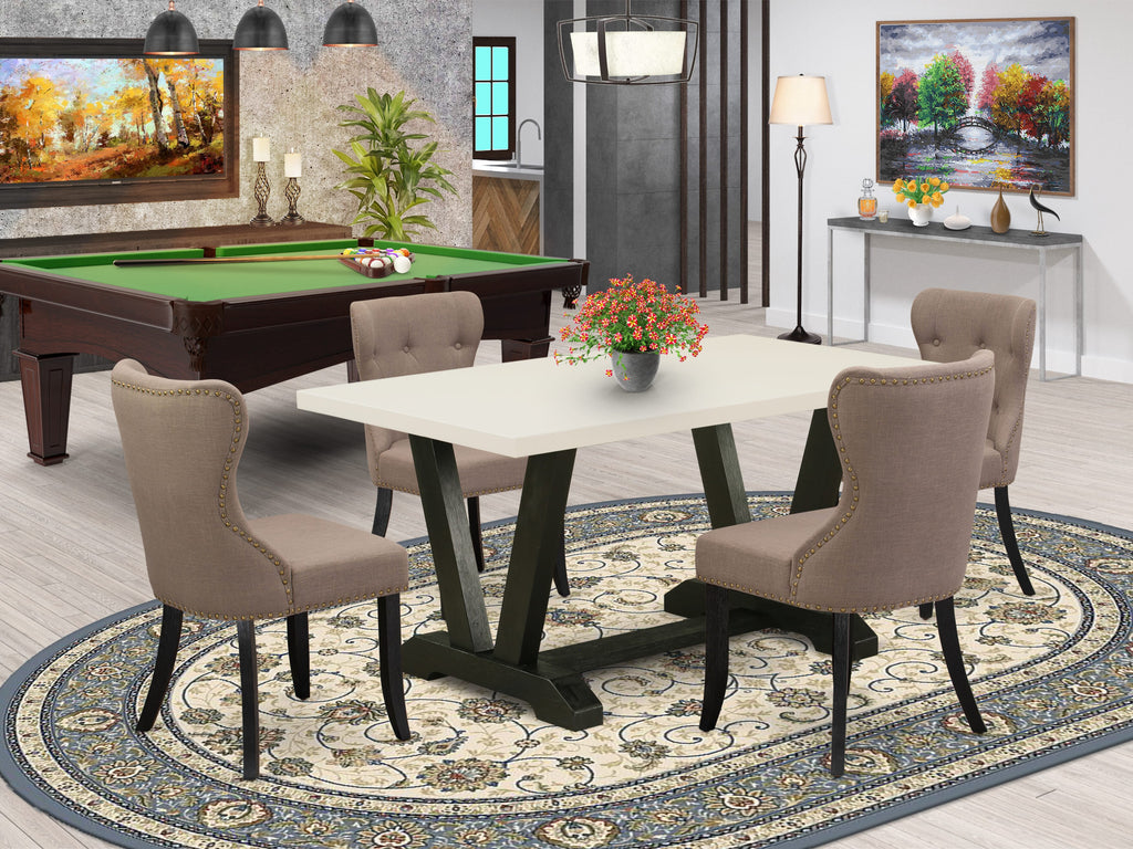 East West Furniture V626SI648-5 5-Piece Dining Table Set - Coffee Linen Fabric Seat and Button Tufted Chair Back Dining Chairs and Rectangular Table - linen white Finish