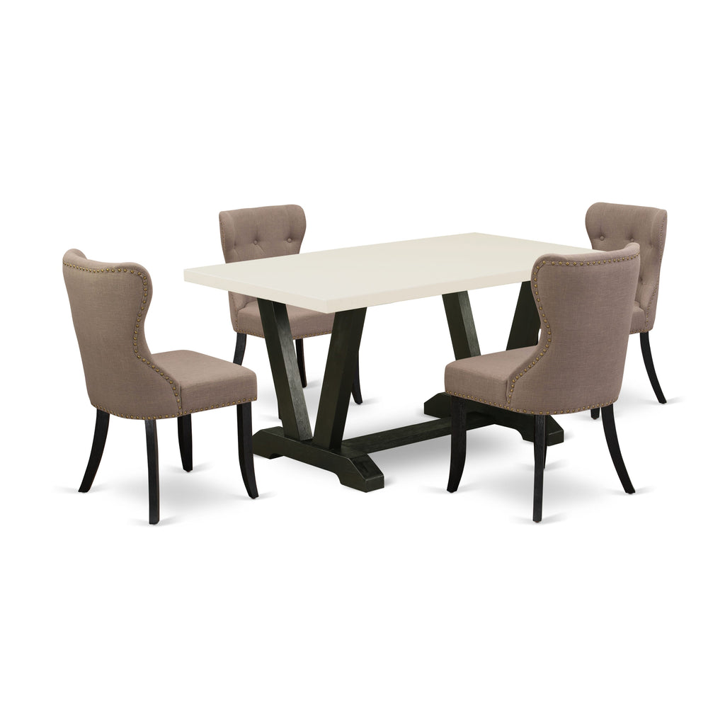 East West Furniture V626SI648-5 5-Piece Dining Table Set - Coffee Linen Fabric Seat and Button Tufted Chair Back Dining Chairs and Rectangular Table - linen white Finish