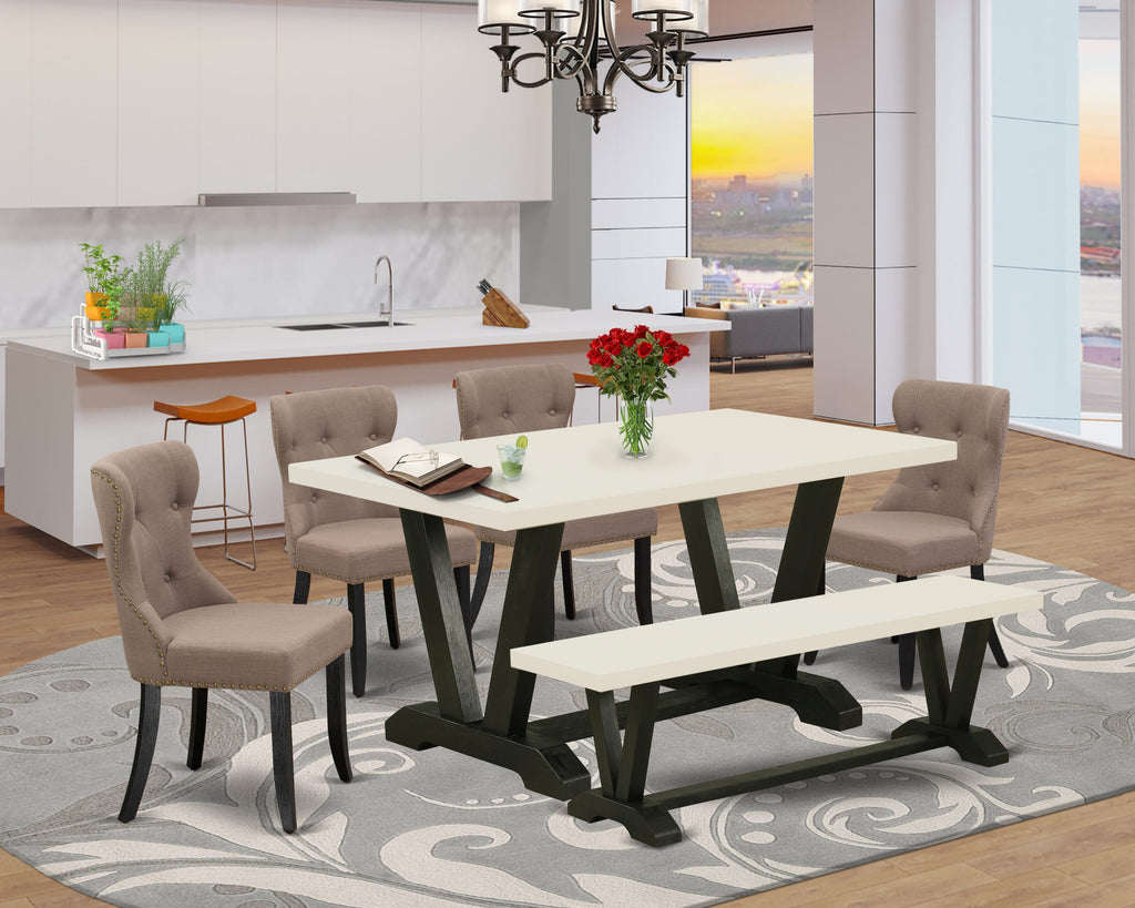 East West Furniture V626SI648-6 6-Pc Dinette Set with Coffee Linen Fabric Seat and Button Tufted Chair Back Dining Chairs and Wooden Dining Bench - Dining Table - linen white Finish
