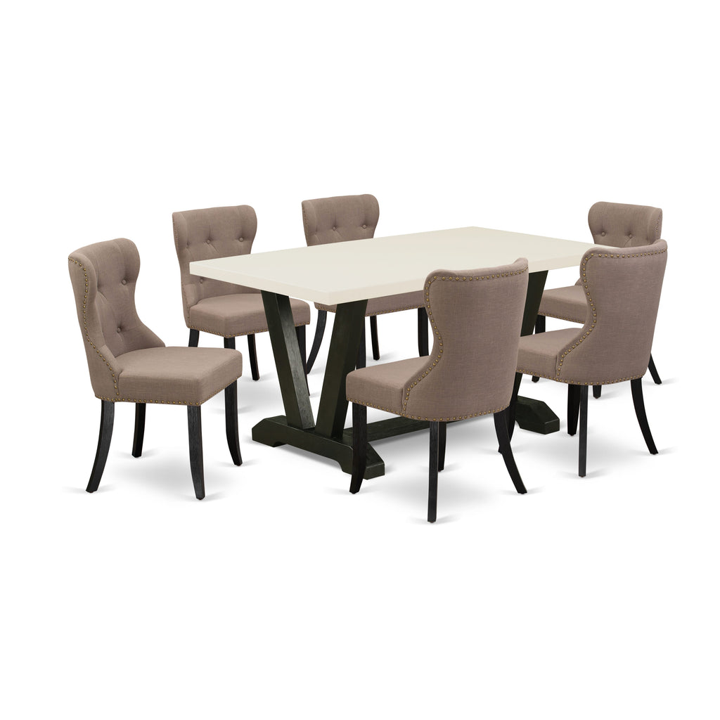 East West Furniture V626SI648-7 7-Pc Mid Century Dining Table Set with Coffee Linen Fabric Seat and Button Tufted Chair Back Kitchen Chairs and Kitchen Table - linen white and Finish