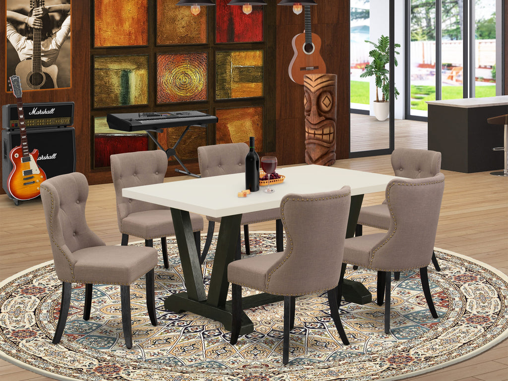 East West Furniture V626SI648-7 7-Pc Mid Century Dining Table Set with Coffee Linen Fabric Seat and Button Tufted Chair Back Kitchen Chairs and Kitchen Table - linen white and Finish