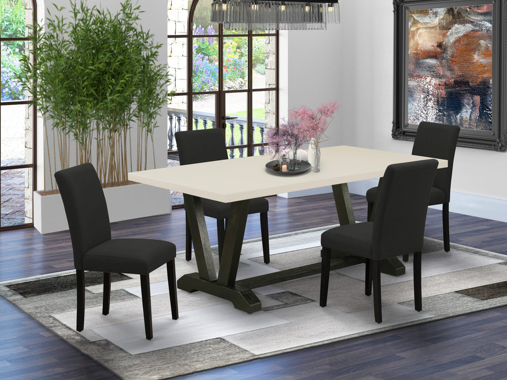 East West Furniture V627AB624-5 5 Piece Dining Set Includes a Rectangle Dining Room Table with V-Legs and 4 Black Color Linen Fabric Upholstered Parson Chairs