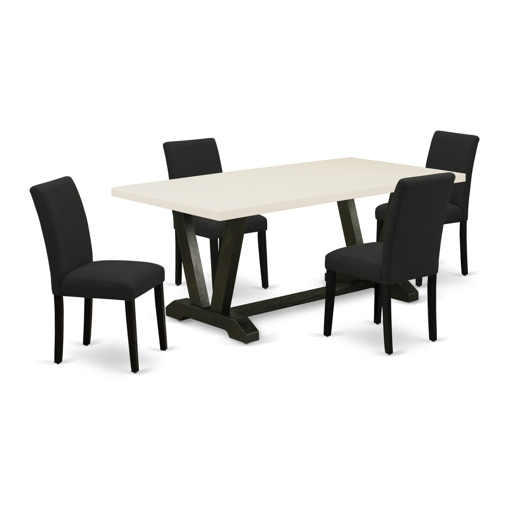 East West Furniture V627AB624-5 5 Piece Dining Set Includes a Rectangle Dining Room Table with V-Legs and 4 Black Color Linen Fabric Upholstered Parson Chairs