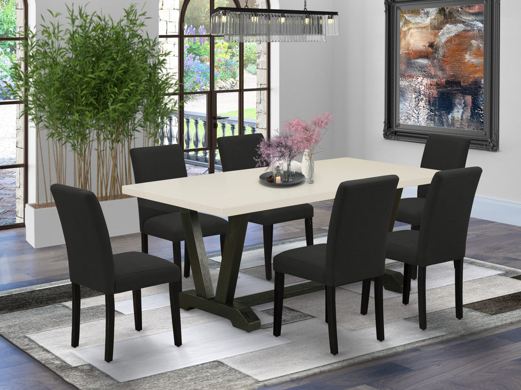 East West Furniture V627AB624-7 7 Piece Modern Dining Table Set Consist of a Rectangle Wooden Table with V-Legs and 6 Black Color Linen Fabric Parsons Dining Chairs