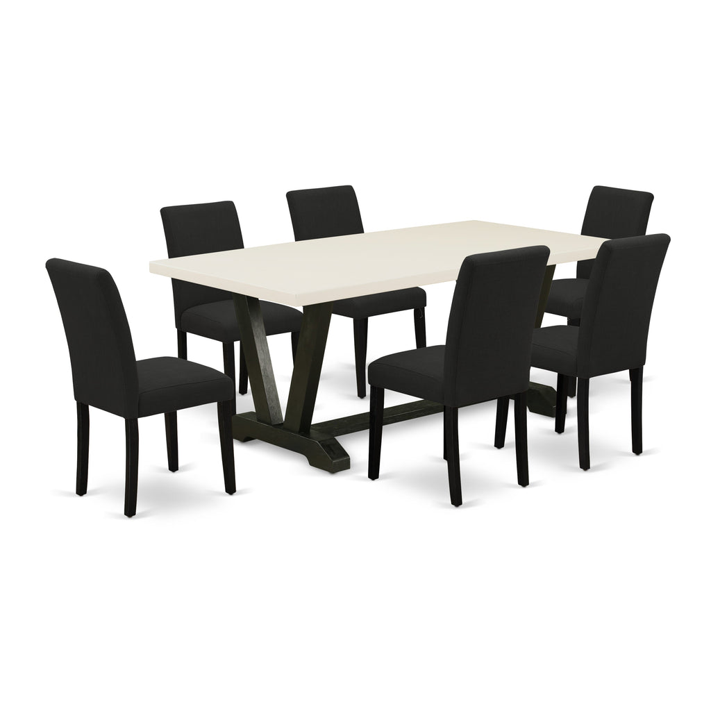 East West Furniture V627AB624-7 7 Piece Modern Dining Table Set Consist of a Rectangle Wooden Table with V-Legs and 6 Black Color Linen Fabric Parsons Dining Chairs