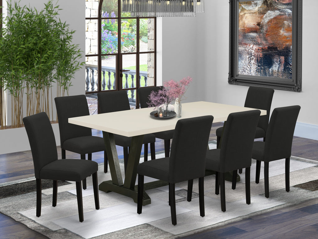 East West Furniture V627AB624-9 9 Piece Dining Table Set Includes a Rectangle Dining Room Table with V-Legs and 8 Black Color Linen Fabric Parsons Chairs