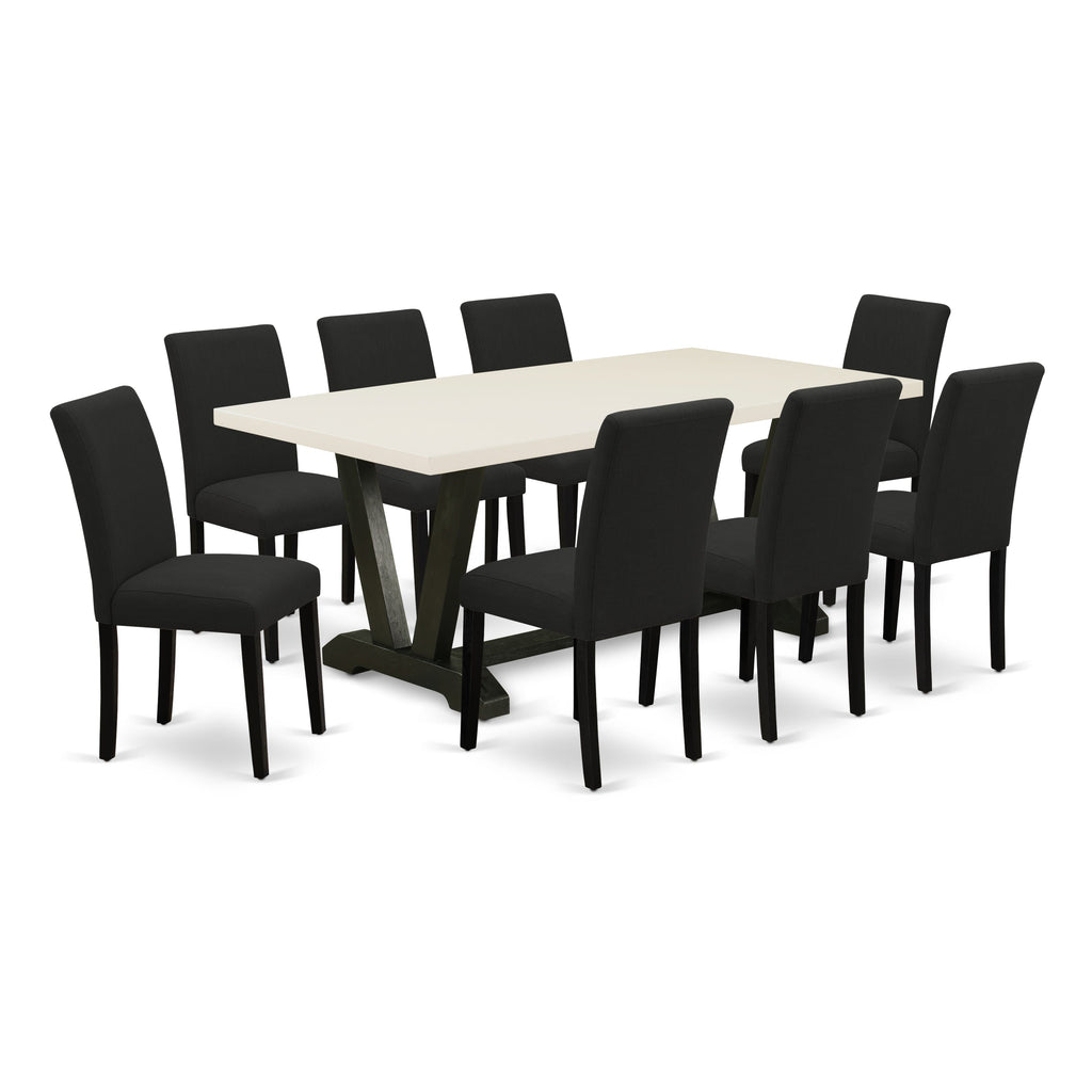 East West Furniture V627AB624-9 9 Piece Dining Table Set Includes a Rectangle Dining Room Table with V-Legs and 8 Black Color Linen Fabric Parsons Chairs