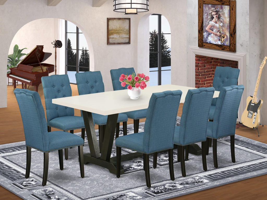 East West Furniture V627EL121-9 9 Piece Dining Table Set Includes a Rectangle Dining Room Table with V-Legs and 8 Blue Linen Fabric Upholstered Parson Chairs