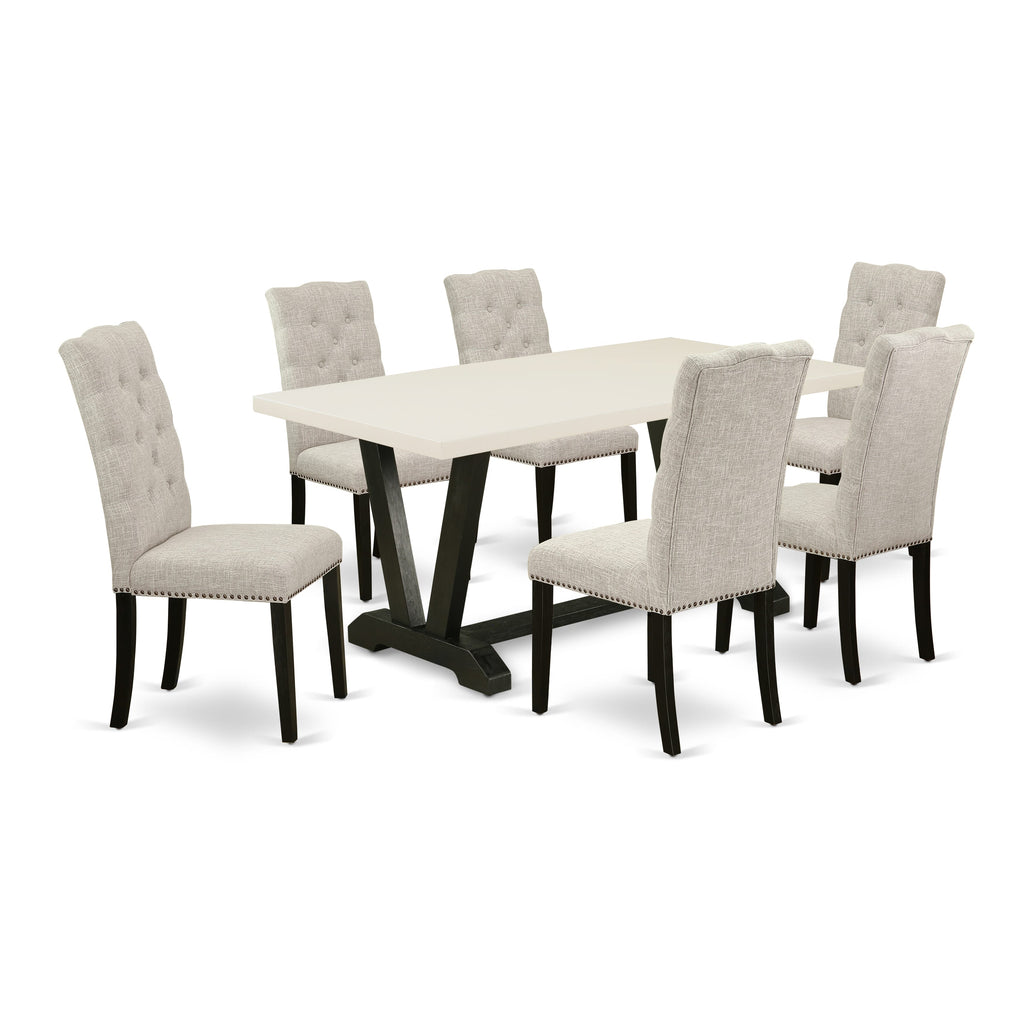 East West Furniture V627EL635-7 7 Piece Kitchen Table Set Consist of a Rectangle Dining Table with V-Legs and 6 Doeskin Linen Fabric Parson Dining Room Chairs