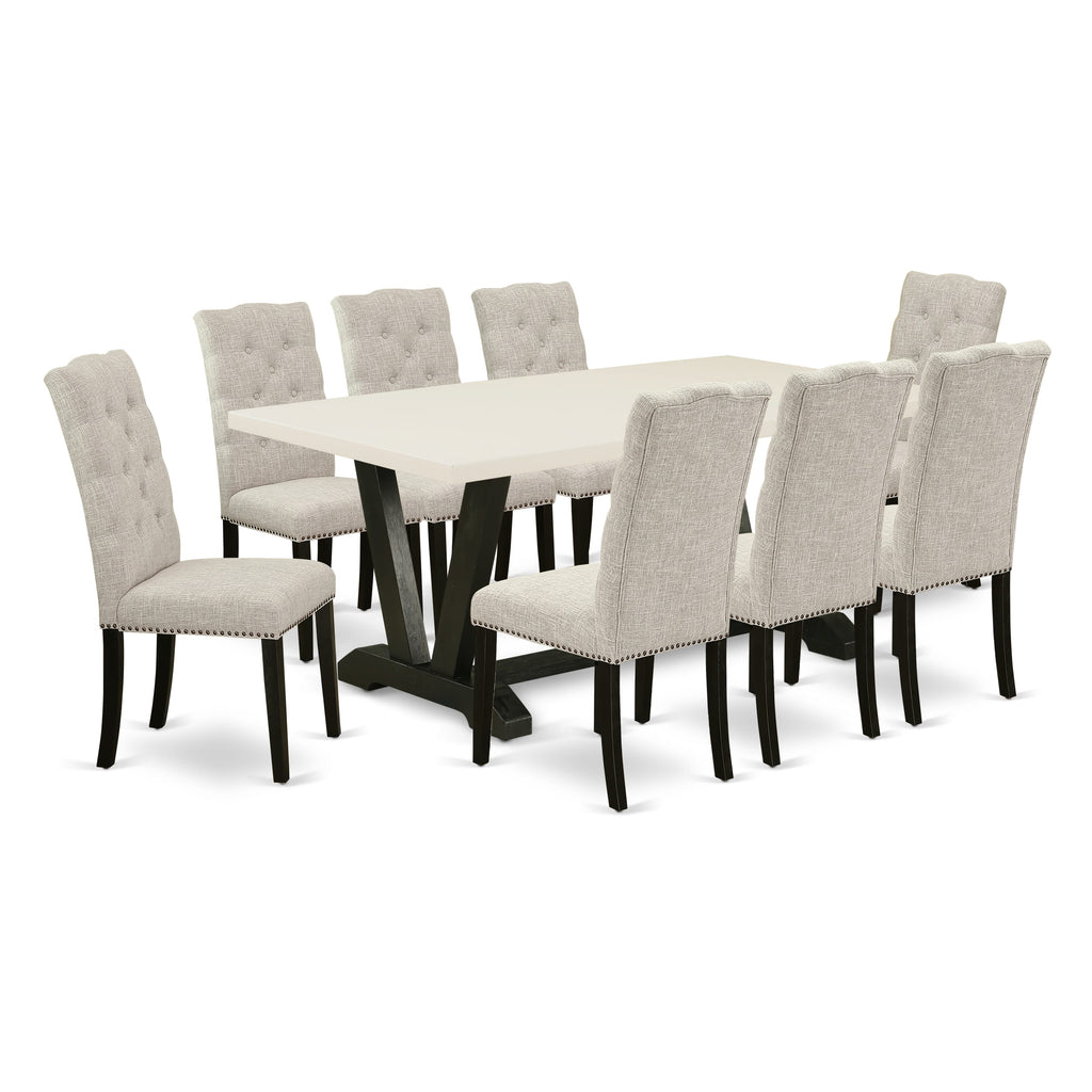 East West Furniture V627EL635-9 9 Piece Dining Table Set Includes a Rectangle Kitchen Table with V-Legs and 8 Doeskin Linen Fabric Parson Dining Room Chairs