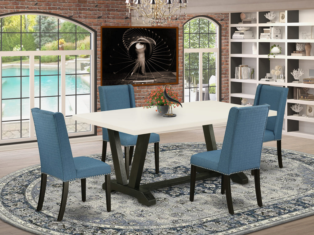 East West Furniture V627FL121-5 5 Piece Dining Table Set for 4 Includes a Rectangle Kitchen Table with V-Legs and 4 Blue Linen Fabric Upholstered Chairs, 40x72 Inch, Multi-Color