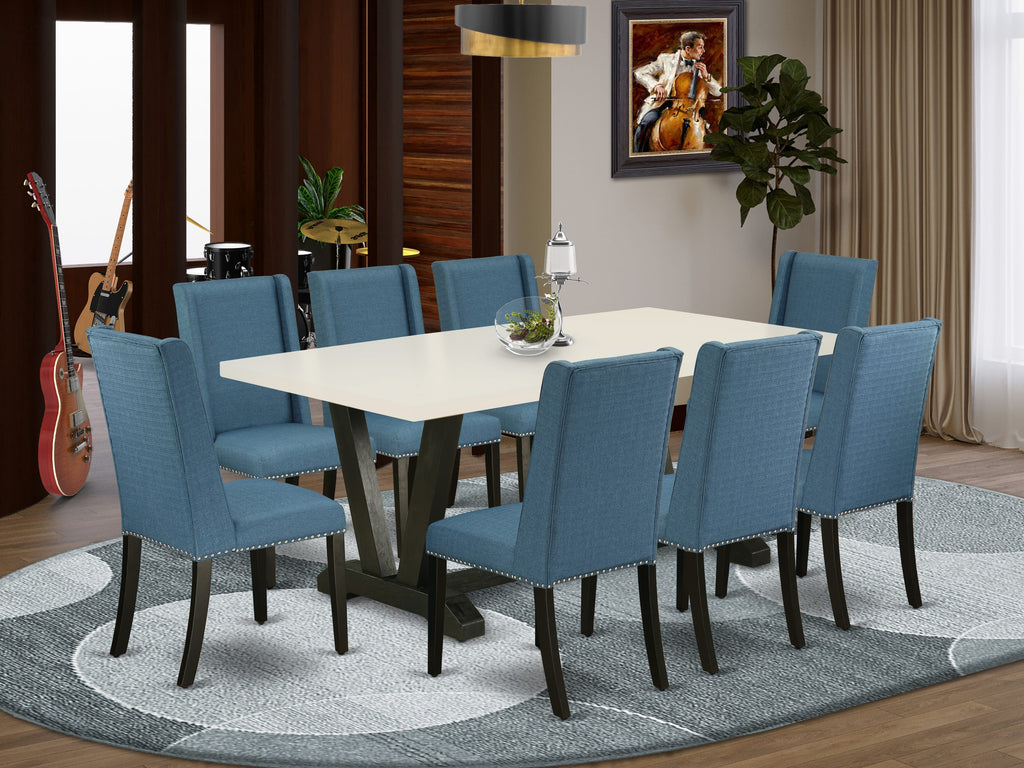 East West Furniture V627FL121-9 9 Piece Dining Table Set Includes a Rectangle Dining Room Table with V-Legs and 8 Blue Linen Fabric Parsons Chairs, 40x72 Inch, Multi-Color