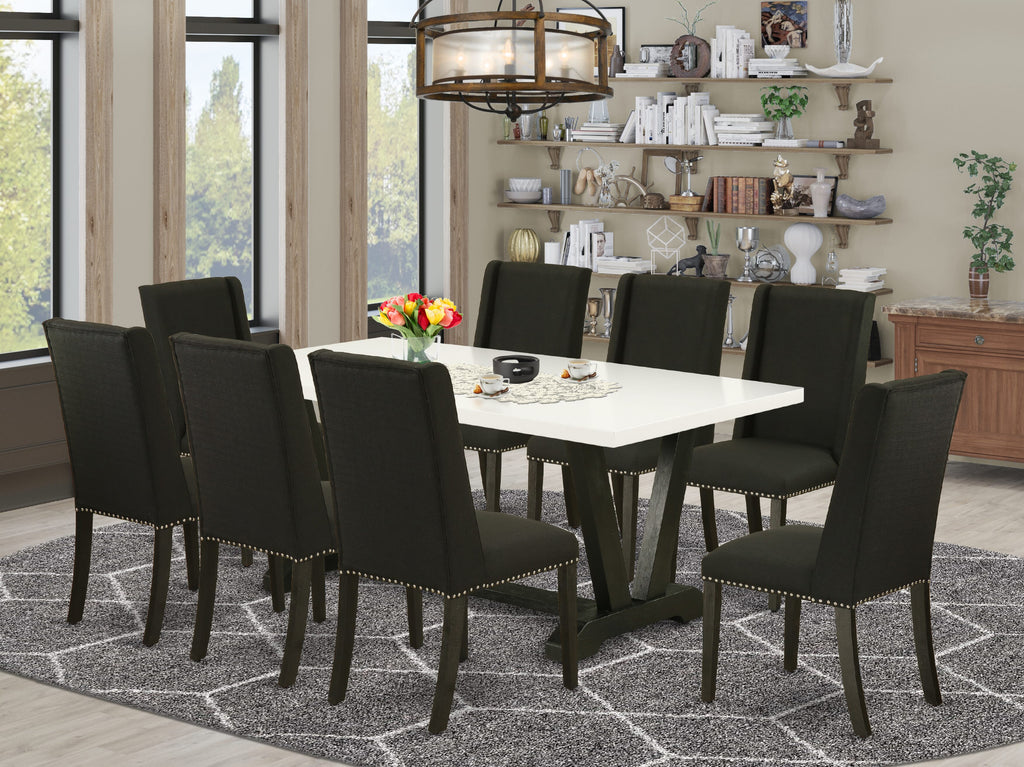 East West Furniture V627FL624-9 9 Piece Dining Set Includes a Rectangle Dining Room Table with V-Legs and 8 Black Linen Fabric Upholstered Parson Chairs, 40x72 Inch, Multi-Color