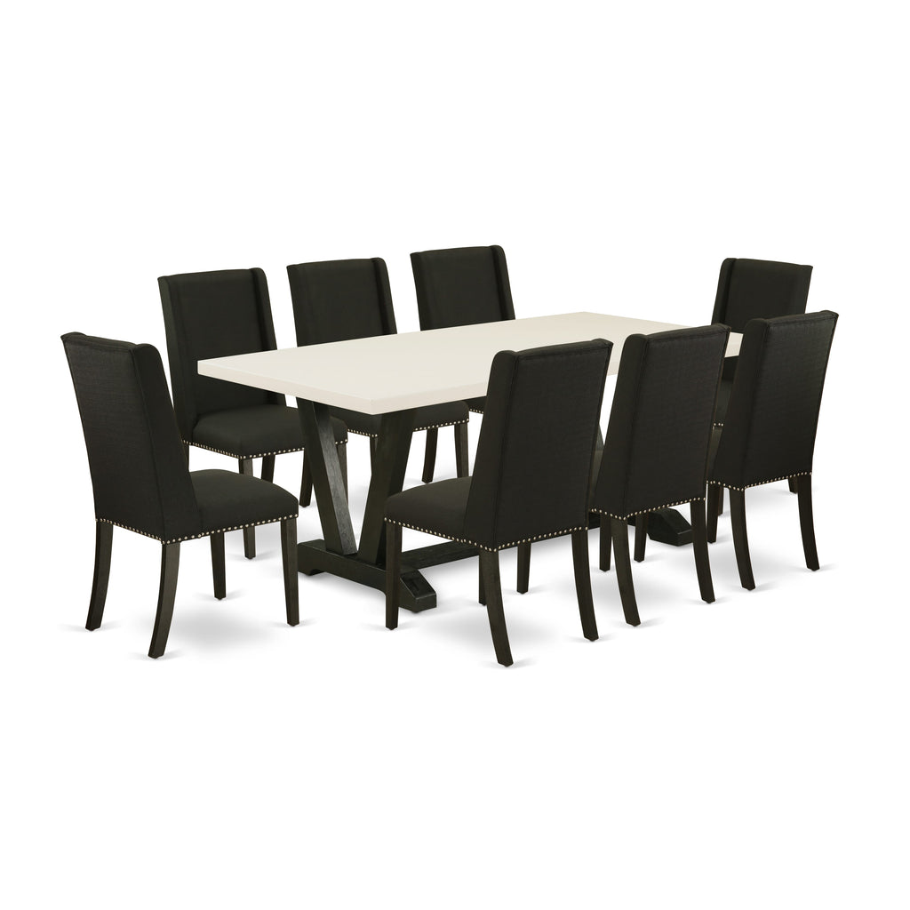 East West Furniture V627FL624-9 9 Piece Dining Set Includes a Rectangle Dining Room Table with V-Legs and 8 Black Linen Fabric Upholstered Parson Chairs, 40x72 Inch, Multi-Color