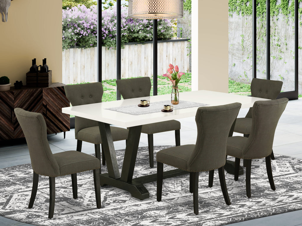 East West Furniture V627GA650-7 7 Piece Kitchen Table Set Consist of a Rectangle Dining Table with V-Legs and 6 Dark Gotham Linen Fabric Parson Dining Chairs, 40x72 Inch, Multi-Color