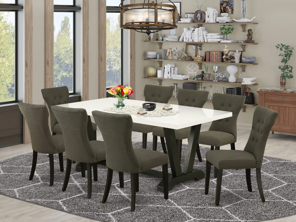 East West Furniture V627GA650-9 9 Piece Dining Table Set Includes a Rectangle Dining Room Table with V-Legs and 8 Dark Gotham Linen Fabric Parsons Chairs, 40x72 Inch, Multi-Color