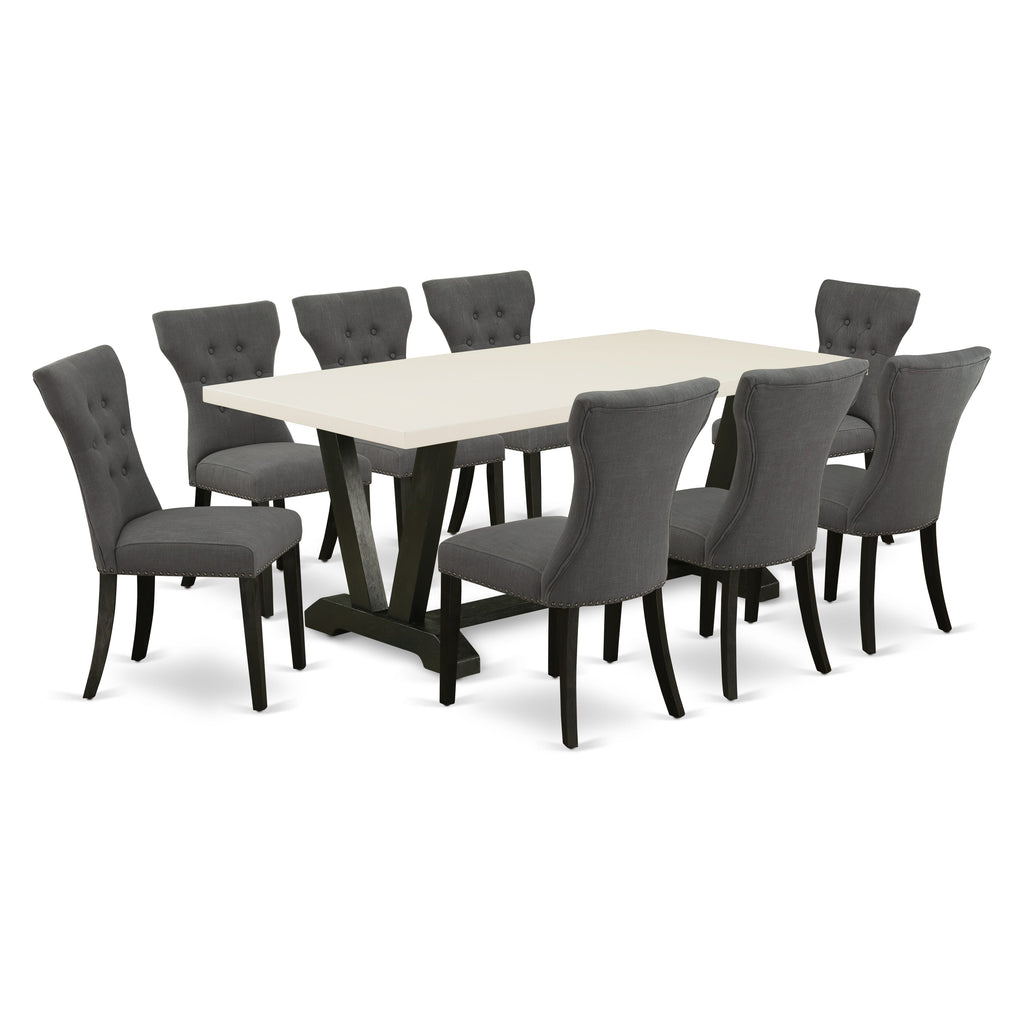 East West Furniture V627GA650-9 9 Piece Dining Table Set Includes a Rectangle Dining Room Table with V-Legs and 8 Dark Gotham Linen Fabric Parsons Chairs, 40x72 Inch, Multi-Color